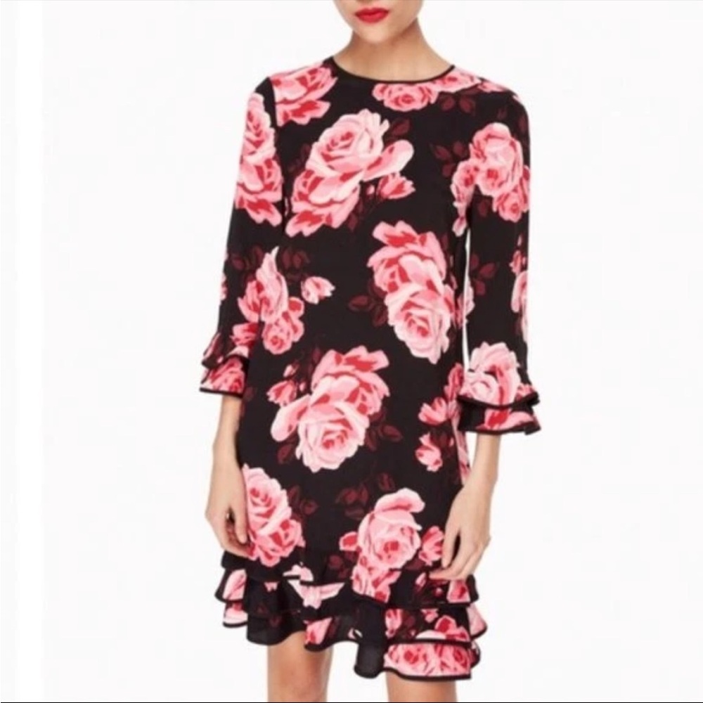 Kate Spade Rambling Colorful Rose Floral Ruffle Rosa Shift Dress Size Small H-8